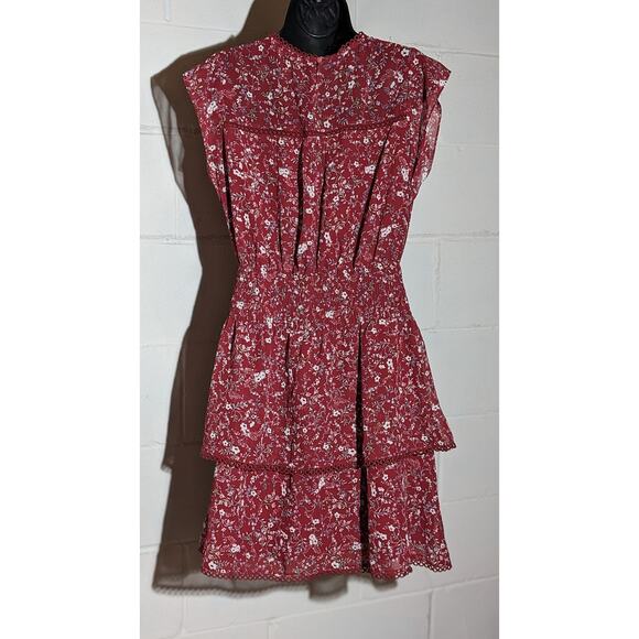 Citrus Tiered Ruffled Dress Floral Print Maroon Smocked Waist Sleeveless Small - Picture 3 of 5
